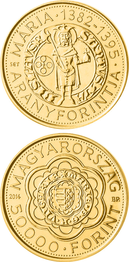 Image of 5000 forint coin - The Gold Florin of Mary (1382-1395) | Hungary 2014.  The Gold coin is of Proof quality.
