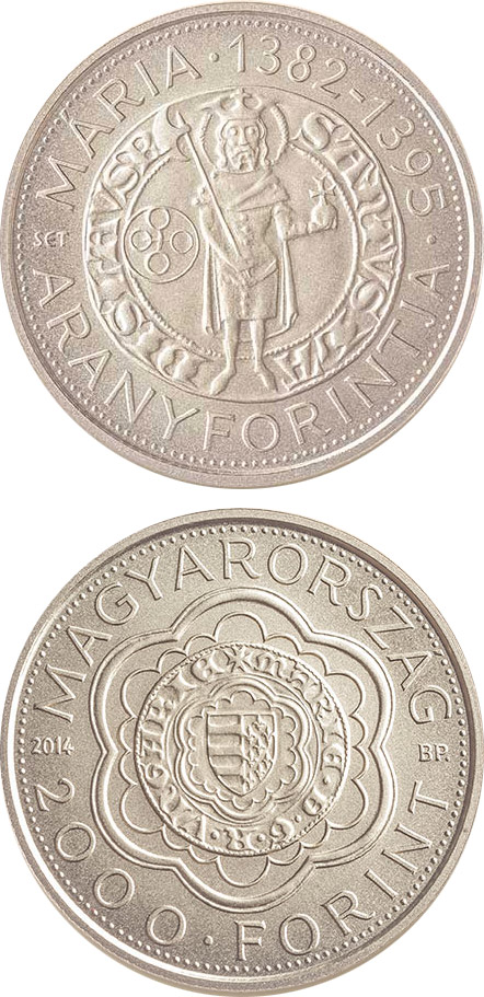 Image of 2000 forint coin - The Gold Florin of Mary (1382-1395) | Hungary 2014.  The German silver (CuNiZn) coin is of BU quality.