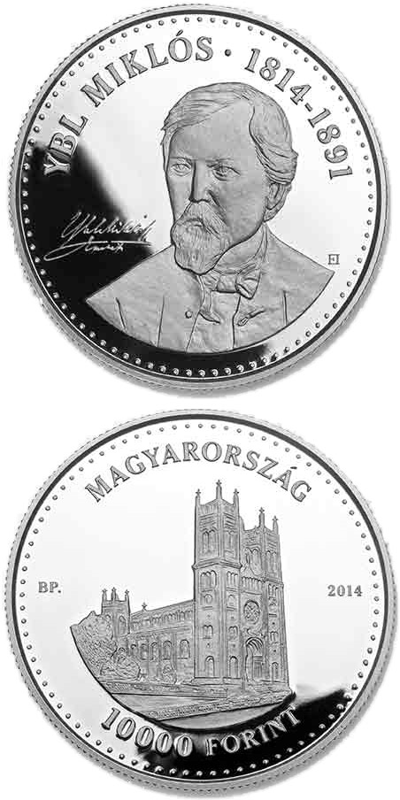 Image of 10000 forint coin - 200th Anniversary of  Birth of MIKLÓS YBL (1814-1891)  | Hungary 2014.  The Silver coin is of Proof quality.