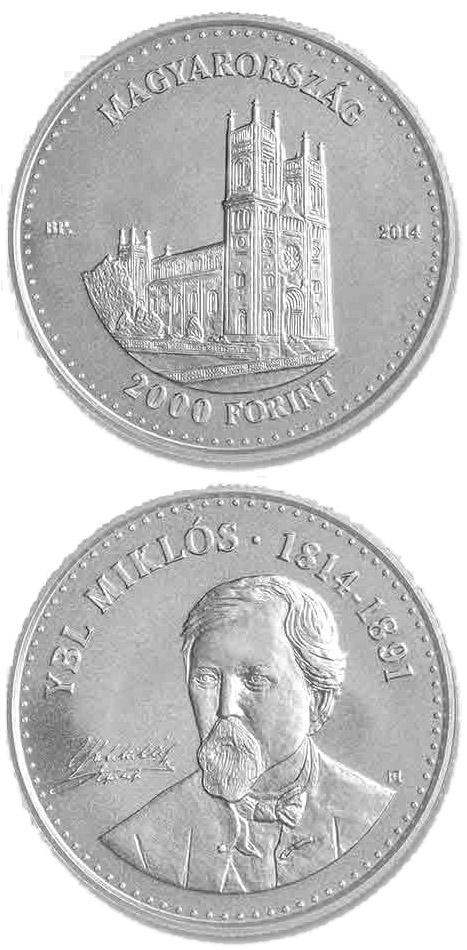 Image of 2000 forint coin - 200th Anniversary of  Birth of MIKLÓS YBL (1814-1891)  | Hungary 2014.  The German silver (CuNiZn) coin is of BU quality.