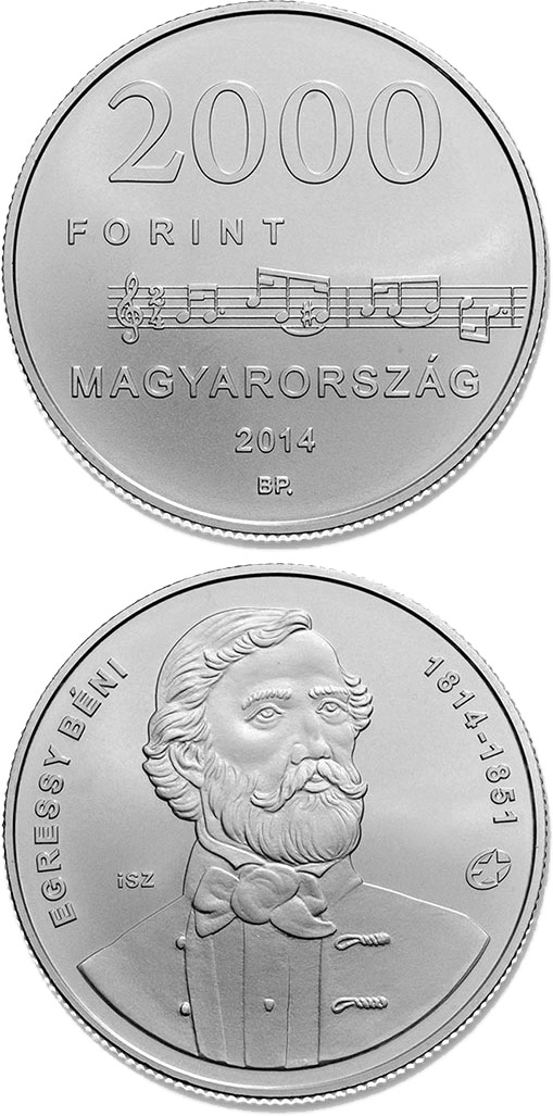 Image of 2000 forint coin - 200th Anniversary of  Birth of BÉNI EGRESSY (1814-1851)  | Hungary 2014.  The German silver (CuNiZn) coin is of BU quality.