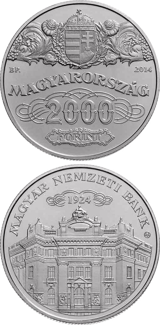 Image of 2000 forint coin - 90th Anniversary of the Foundation of the National Bank of Hungary  | Hungary 2014.  The German silver (CuNiZn) coin is of BU quality.