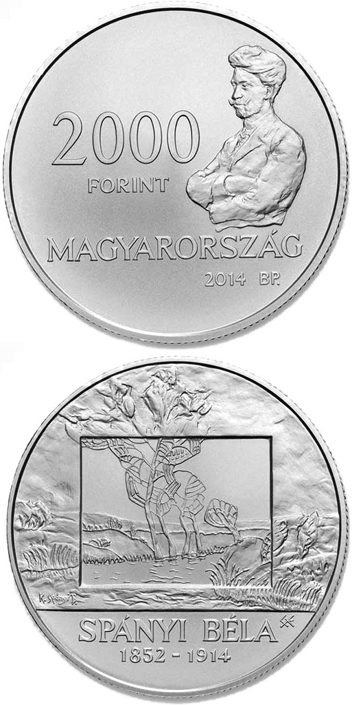 Image of 2000 forint coin - 100th Anniversary of Death of BÉLA SPÁNYI (1832-1914)  | Hungary 2014.  The Copper–Nickel (CuNi) coin is of BU quality.