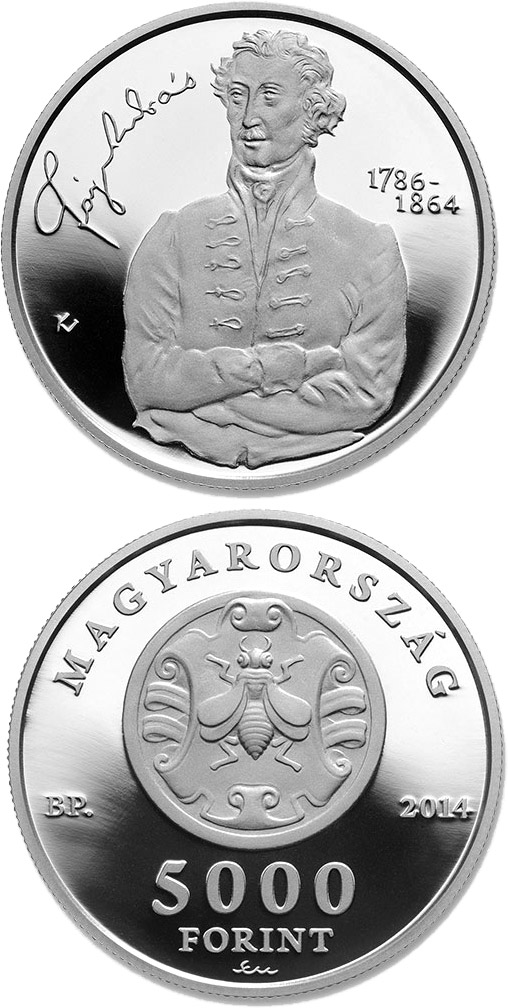 Image of 5000 forint coin - 150th Anniversary of Death of ANDRÁS FÁY (1786-1864) | Hungary 2014.  The Silver coin is of Proof quality.