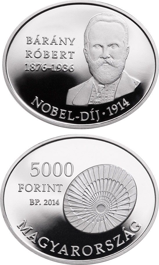 Image of 5000 forint coin - 100th Anniversary of the award of the Nobel Prize to RÓBERT BÁRÁNY (1876-1936)  | Hungary 2014.  The Silver coin is of Proof quality.