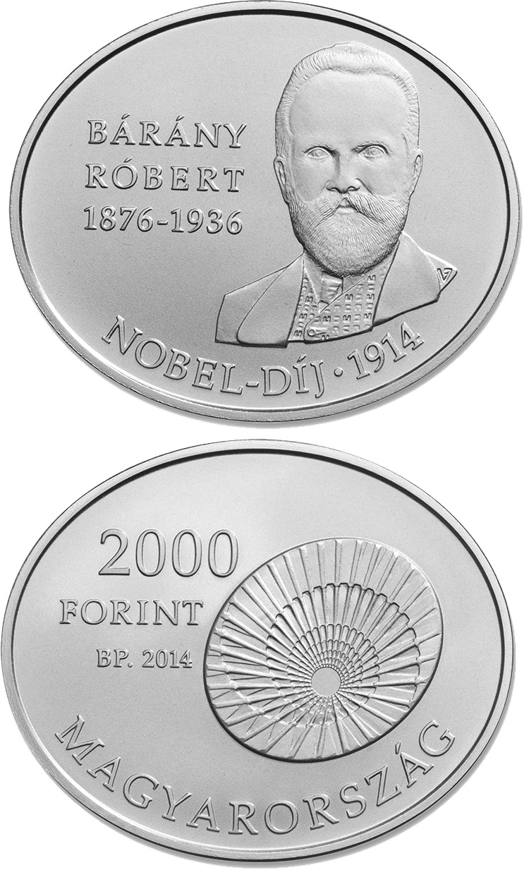 Image of 2000 forint coin - 100th Anniversary of the award of the Nobel Prize to RÓBERT BÁRÁNY (1876-1936)  | Hungary 2014.  The Copper–Nickel (CuNi) coin is of BU quality.