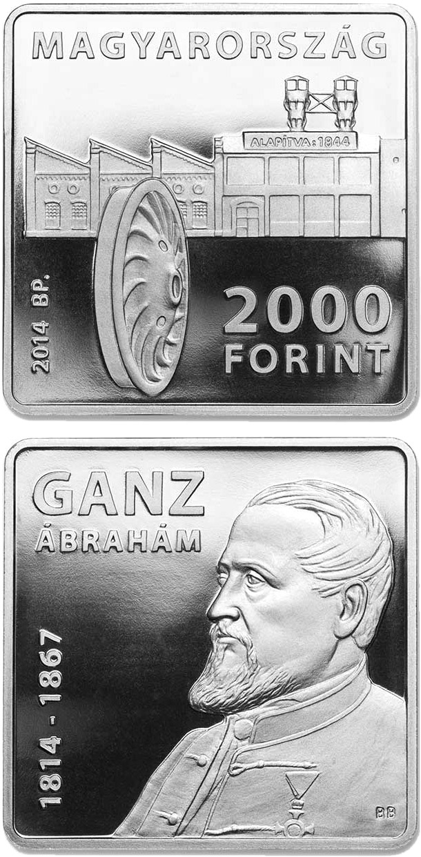 Image of 2000 forint coin - 200th Anniversary of Birth of ÁBRAHÁM GANZ (1814-1867) | Hungary 2014.  The Copper–Nickel (CuNi) coin is of BU quality.