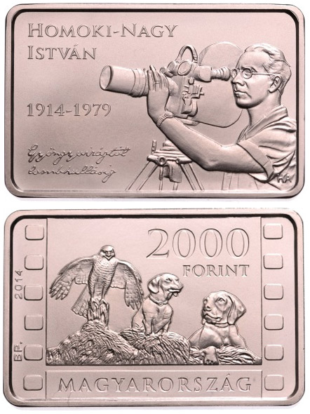 Image of 2000 forint coin - 100th Anniversary of Birth of ISTVÁN HOMOKI-NAGY (1914-1979) | Hungary 2014.  The Copper–Nickel (CuNi) coin is of BU quality.