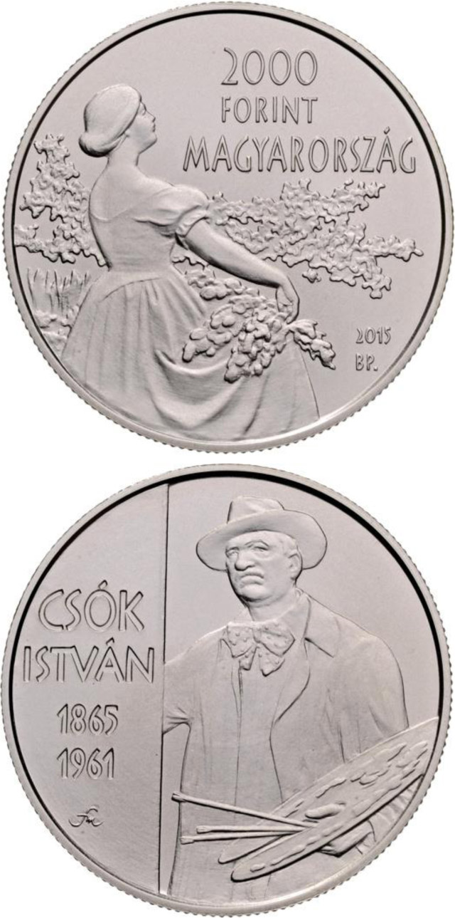 Image of 2000 forint coin - 150th Anniversary of Birth of István Csók (1865-1961)  | Hungary 2015.  The Copper–Nickel (CuNi) coin is of BU quality.