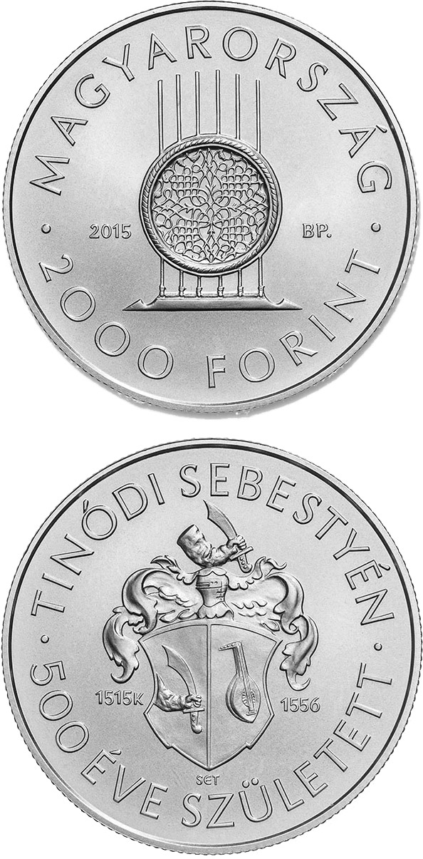 Image of 2000 forint coin - 500th Anniversary of Birth of Sebestyén (Lantos) Tinódi (c1515-1556)  | Hungary 2015.  The Copper–Nickel (CuNi) coin is of BU quality.