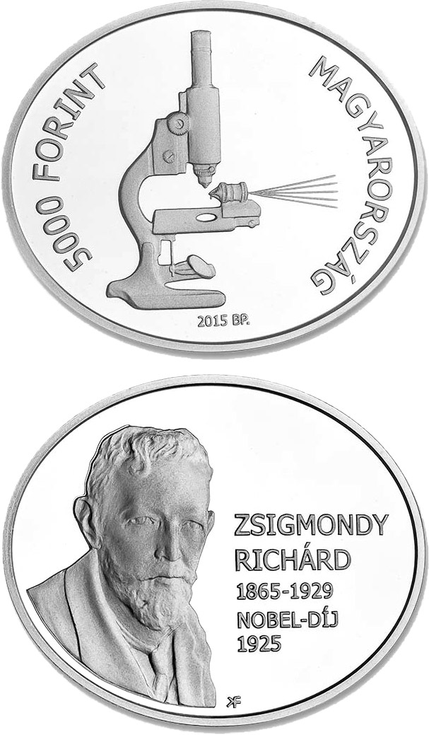Image of 5000 forint coin - 90th Anniversary of the Award of the Nobel Prize to Richard Zsigmondy | Hungary 2015.  The Silver coin is of Proof, BU quality.