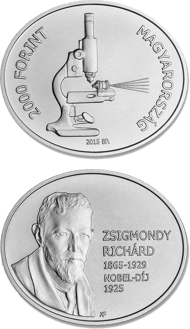 Image of 2000 forint coin - 90th Anniversary of the Award of the Nobel Prize to Richard Zsigmondy | Hungary 2015.  The Copper–Nickel (CuNi) coin is of BU quality.