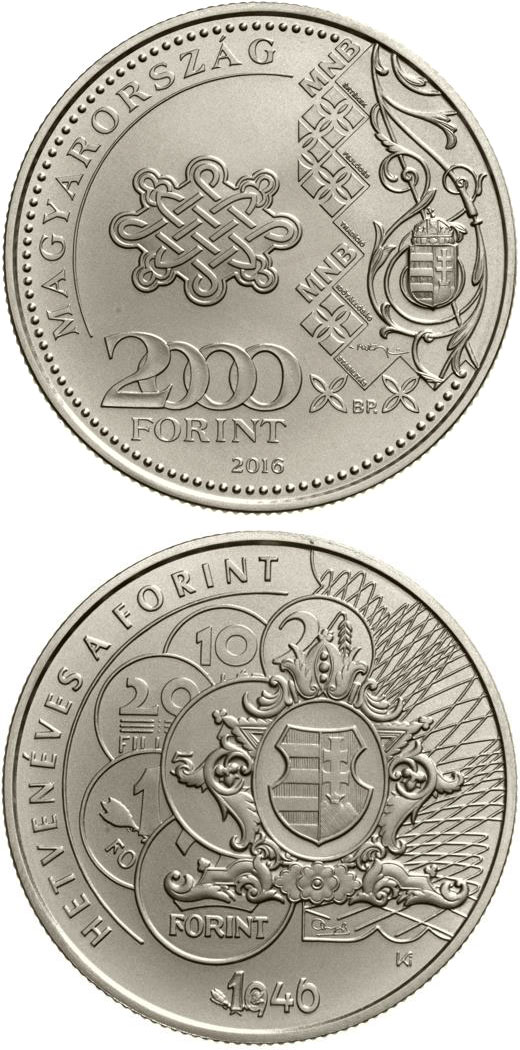 Image of 2000 forint coin - 70th Anniversary of the Forint | Hungary 2016.  The Copper–Nickel (CuNi) coin is of BU quality.