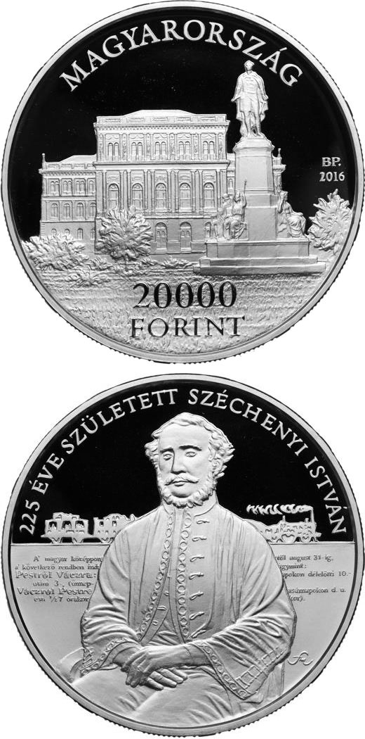Image of 20000 forint coin - István Széchenyi | Hungary 2016.  The Silver coin is of Proof quality.