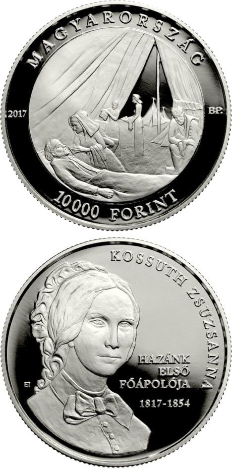 Image of 10000 forint coin - 200th Anniversary of Birth of Zsuzsanna Kossuth | Hungary 2017.  The Silver coin is of Proof quality.