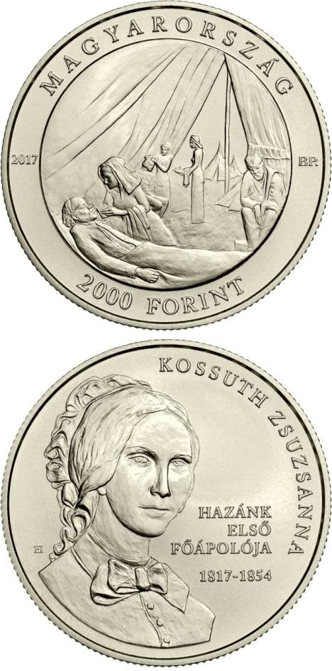 Image of 2000 forint coin - 200th Anniversary of Birth of Zsuzsanna Kossuth | Hungary 2017.  The Copper–Nickel (CuNi) coin is of BU quality.
