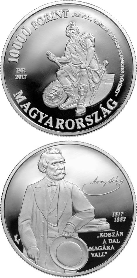 Image of 10000 forint coin - 200th Anniversary of Birth of János Aran | Hungary 2017.  The Silver coin is of Proof quality.