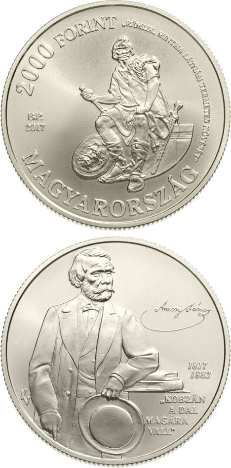 Image of 2000 forint coin - 200th Anniversary of Birth of János Arany | Hungary 2017.  The Copper–Nickel (CuNi) coin is of BU quality.