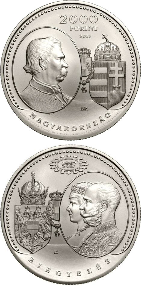 Image of 2000 forint coin - 150th Anniversary of the Austro-Hungarian Compromise of 1867 | Hungary 2017.  The Copper–Nickel (CuNi) coin is of BU quality.