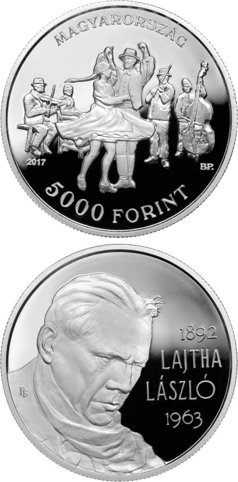 Image of 5000 forint coin - 125th Anniversary of Birth of László Lajtha | Hungary 2017.  The Silver coin is of Proof quality.