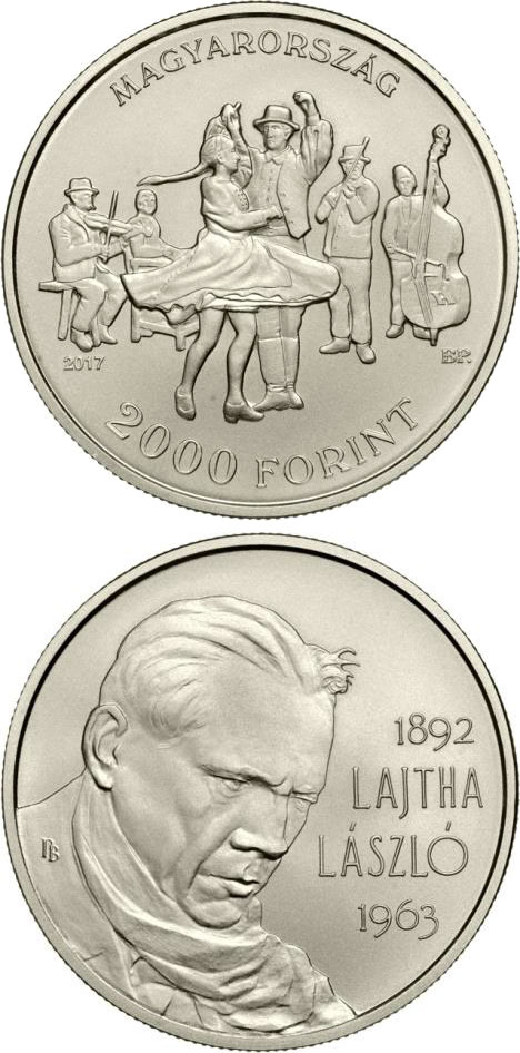 Image of 2000 forint coin - 125th Anniversary of Birth of László Lajtha | Hungary 2017.  The Copper–Nickel (CuNi) coin is of BU quality.