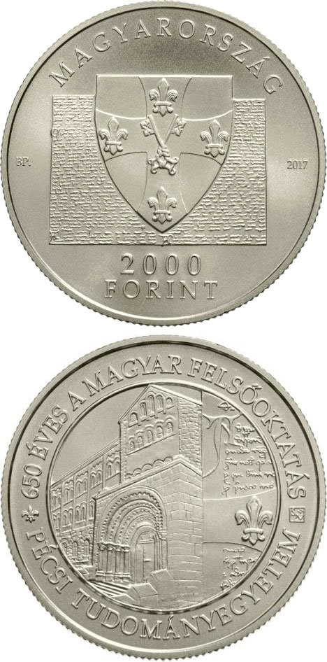 Image of 2000 forint coin - 650th Anniversary of Foundation of the University of Pécs | Hungary 2017.  The Copper–Nickel (CuNi) coin is of BU quality.