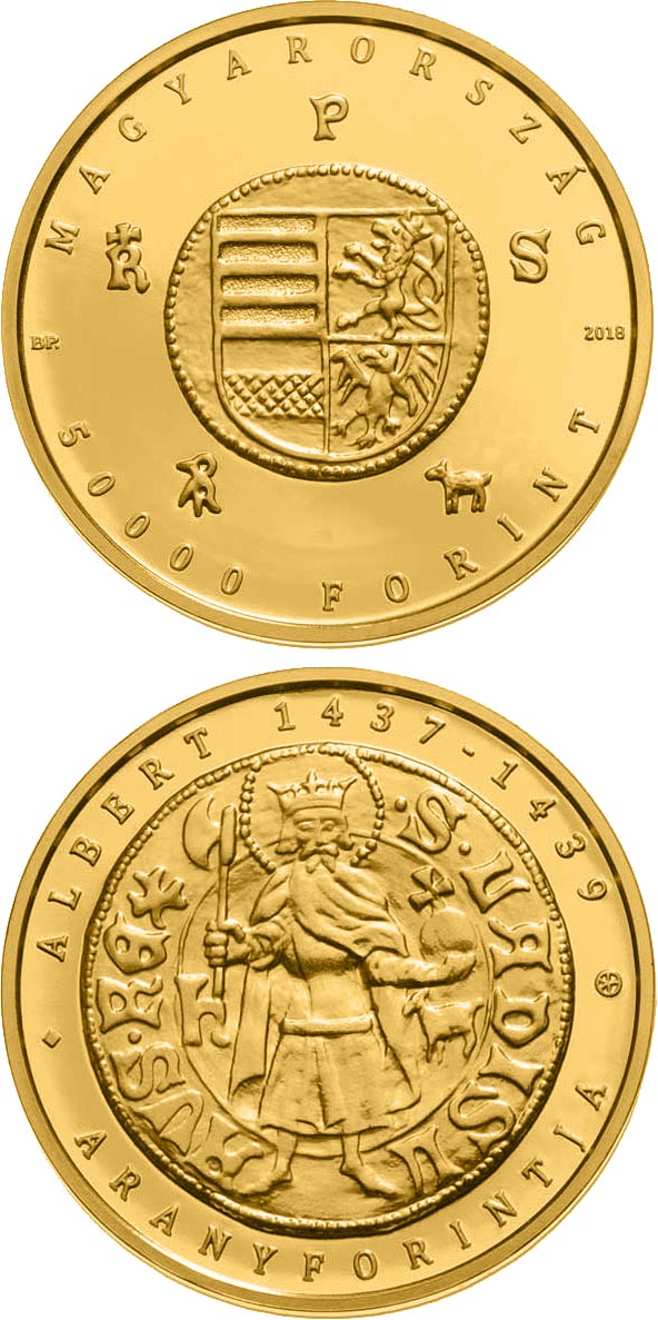 Image of 50000 forint coin - The Gold Florin of Albert Habsburg (1397-1439) | Hungary 2018.  The Gold coin is of Proof quality.