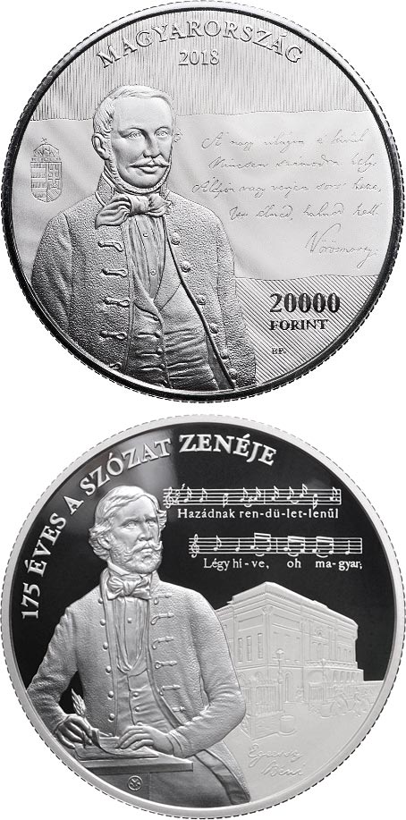 Image of 20000 forint coin - 175th Anniversary of Setting the Szózat to Music | Hungary 2018.  The Silver coin is of Proof quality.