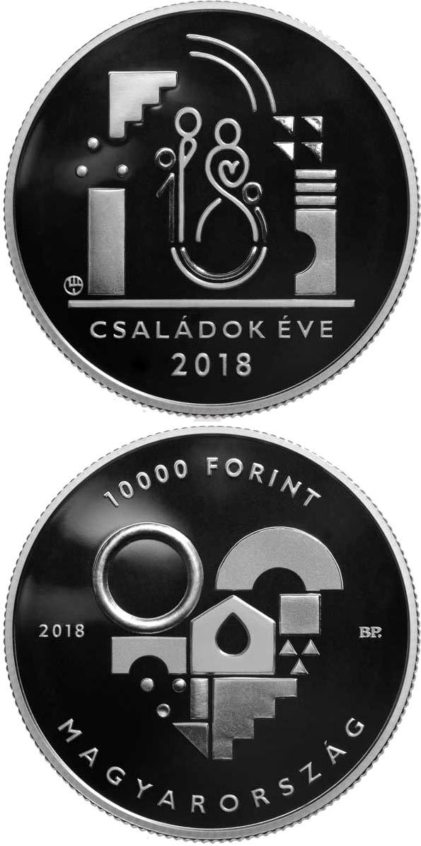 Image of 10000 forint coin - Year of the Families | Hungary 2018.  The Silver coin is of Proof quality.