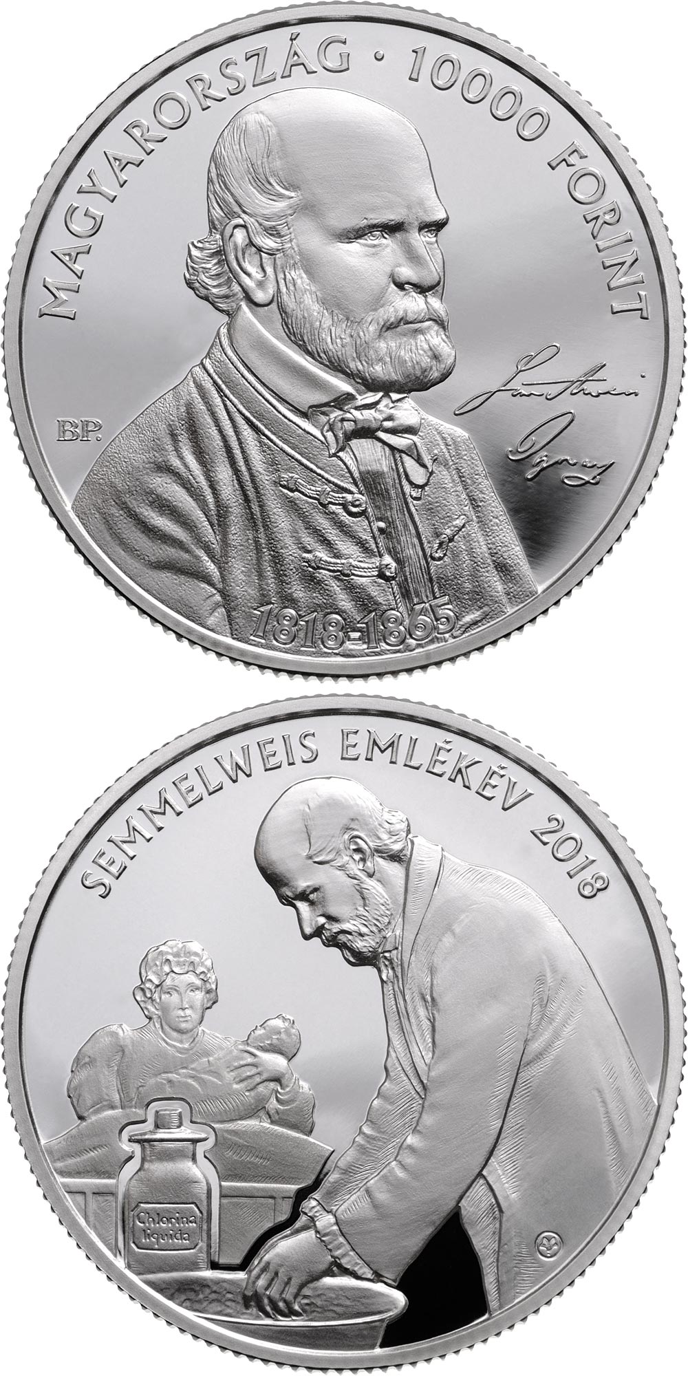 Image of 10000 forint coin - 200th Anniversary of the Birth of Ignác Semmelweis (1818-1865) | Hungary 2018.  The Silver coin is of Proof quality.
