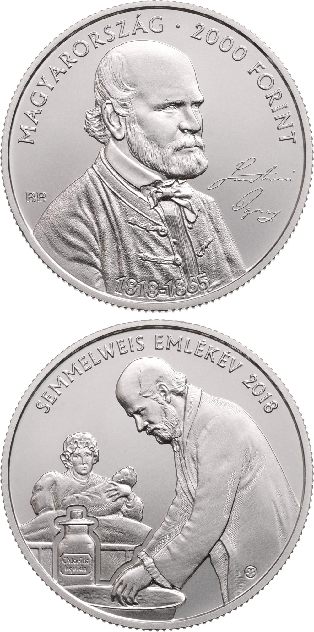 Image of 2000 forint coin - 200th Anniversary of the Birth of Ignác Semmelweis (1818-1865) | Hungary 2018.  The Brass coin is of BU quality.