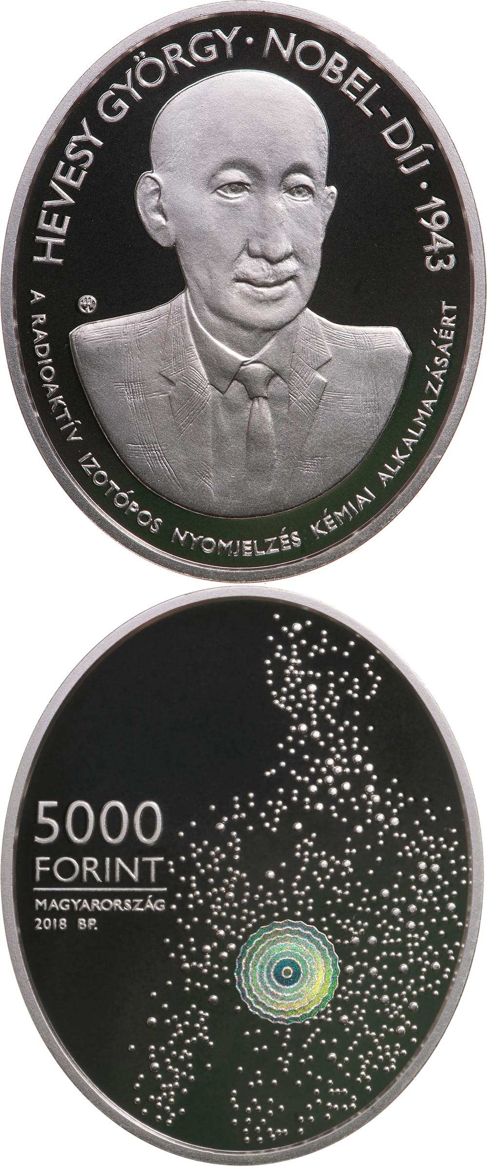 Image of 5000 forint coin - 75th Anniversary of the Nobel Prize of György Hevesy | Hungary 2018.  The Silver coin is of Proof quality.