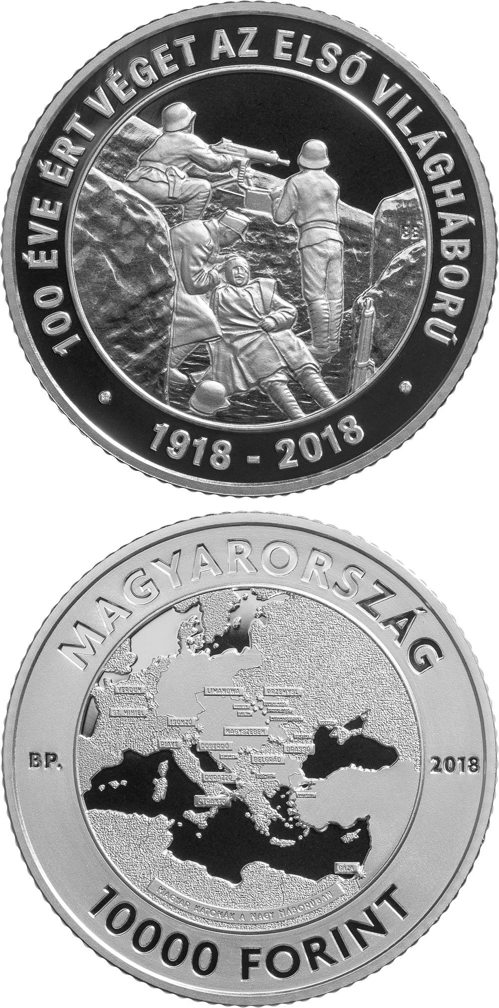 Image of 10000 forint coin - 100th Anniversary of the End of World War I | Hungary 2018.  The Silver coin is of Proof quality.