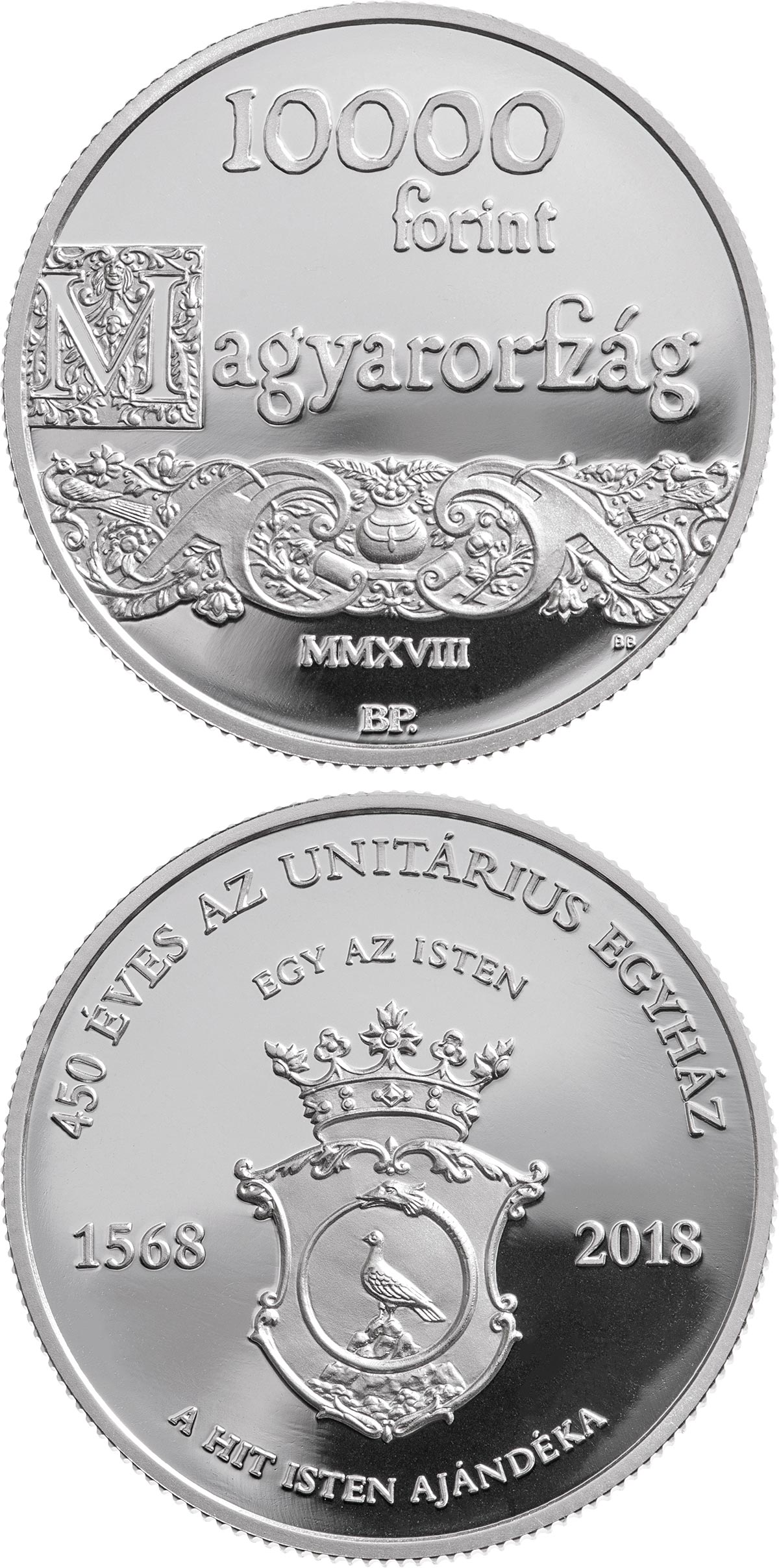 Image of 10000 forint coin - 450th Anniversary of the Unitarian Church | Hungary 2018.  The Silver coin is of Proof quality.