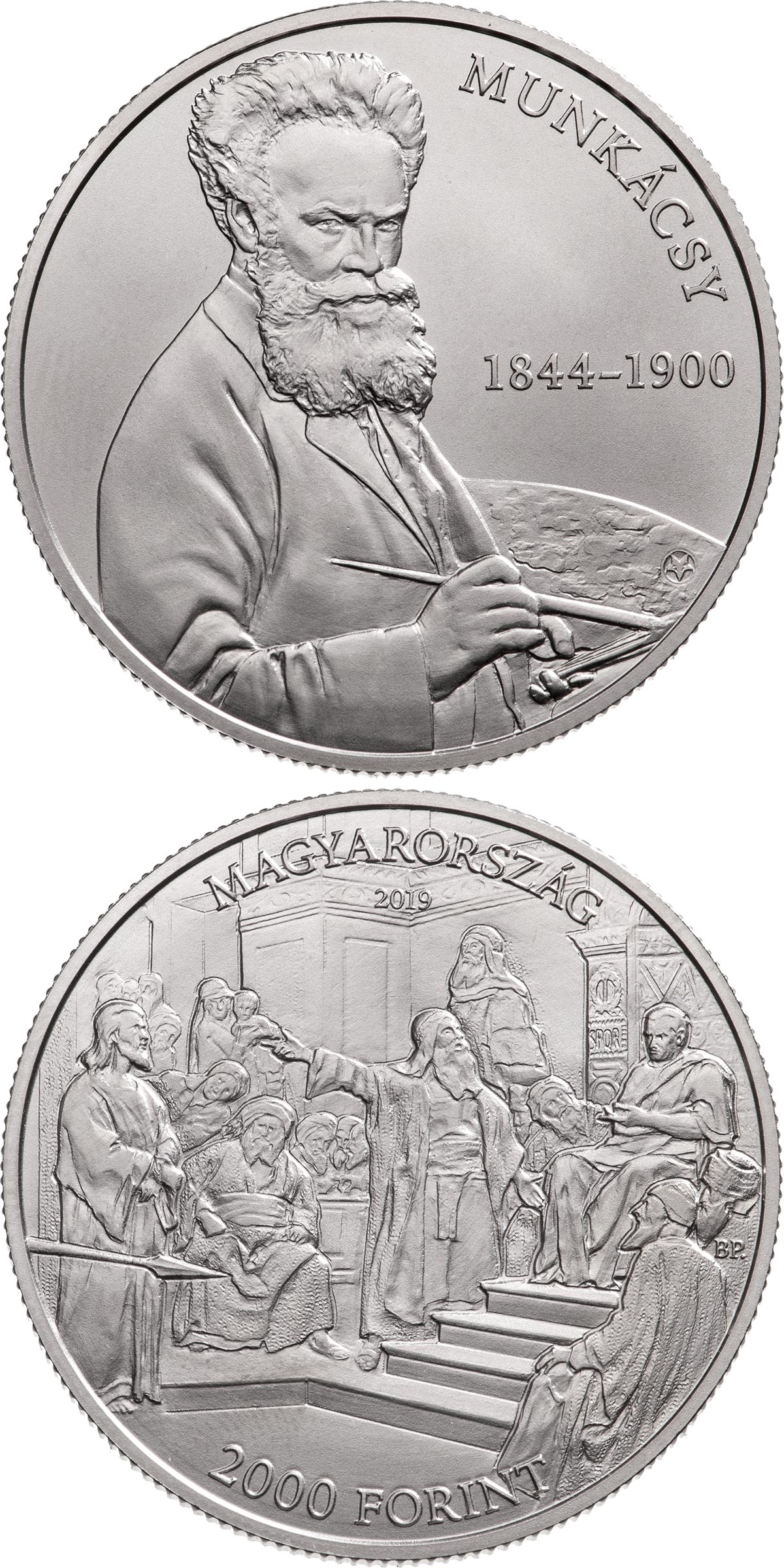 Image of 2000 forint coin - 175th anniversary of Mihály Munkácsy’s birth | Hungary 2019.  The Copper–Nickel (CuNi) coin is of BU quality.