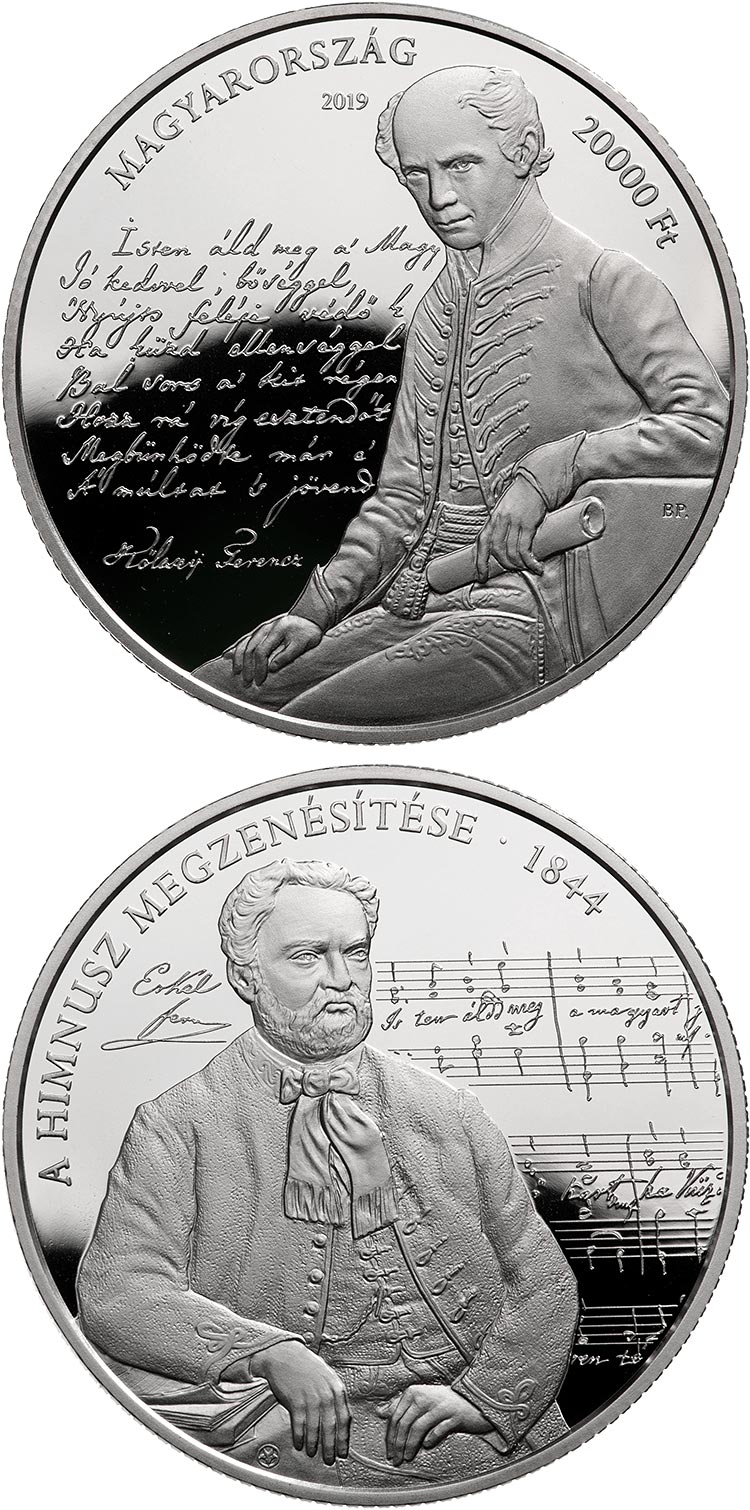 Image of 20000 forint coin - 175th anniversary of the musical setting to the Anthem | Hungary 2019.  The Silver coin is of Proof quality.
