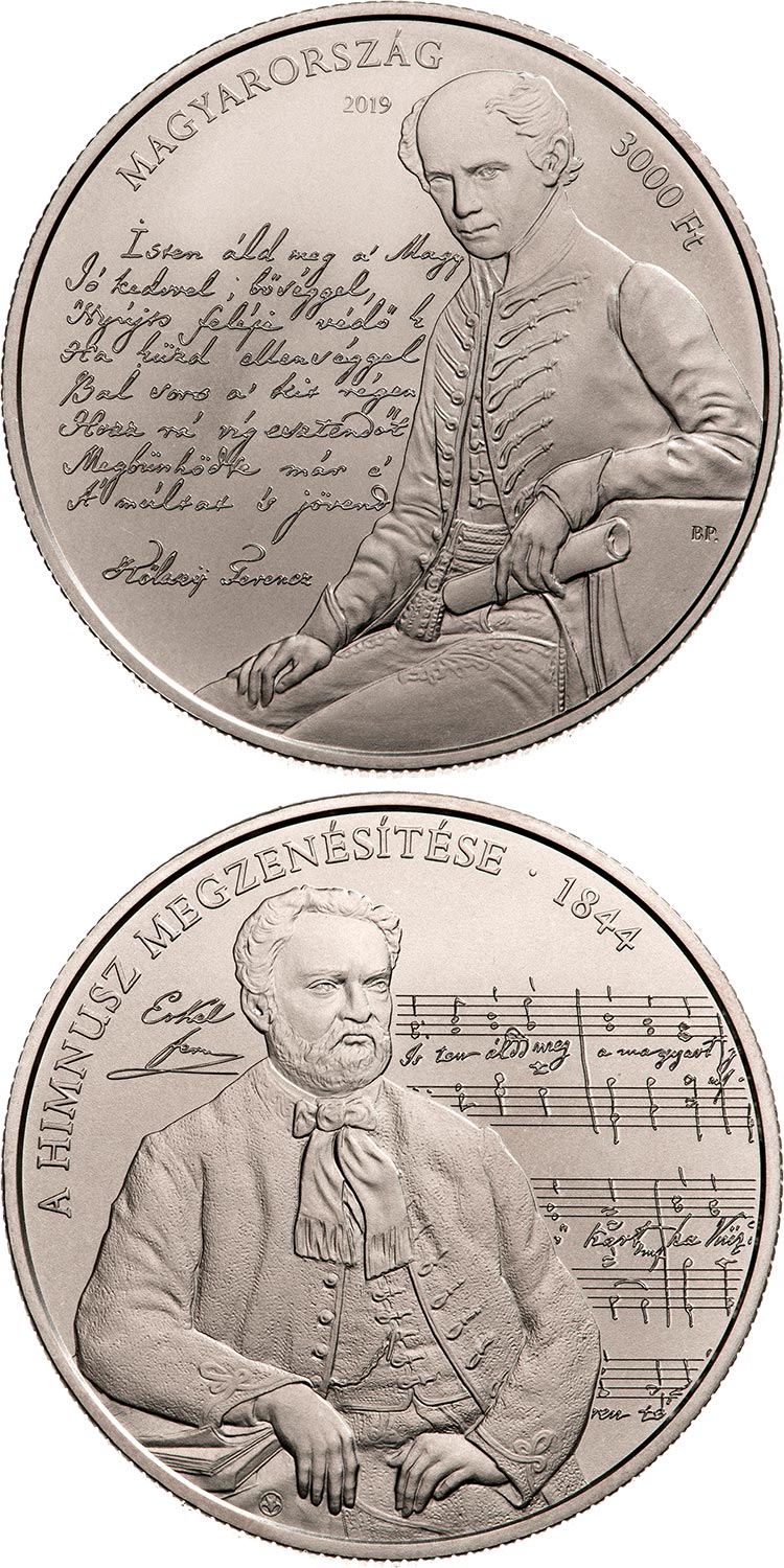Image of 3000 forint coin - 175th anniversary of the musical setting to the Anthem | Hungary 2019.  The Copper–Nickel (CuNi) coin is of BU quality.