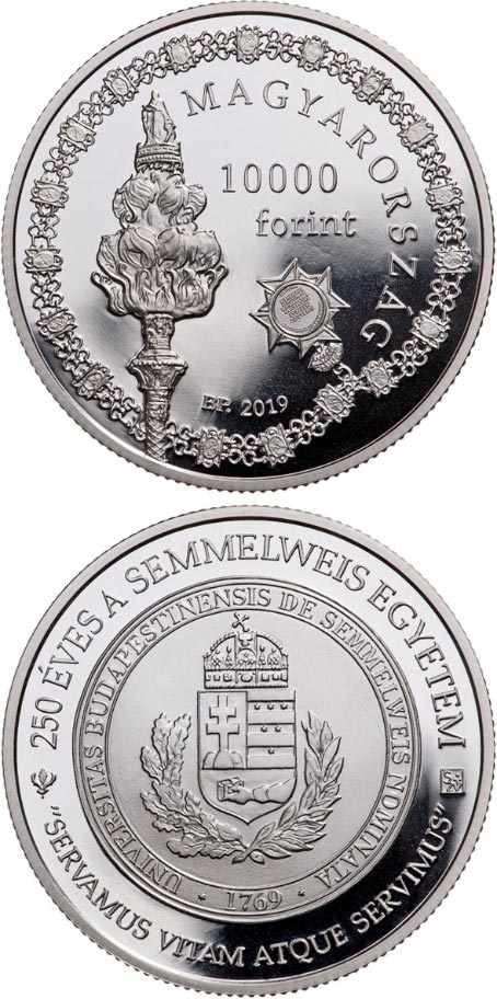 Image of 10000 forint coin - 250th Anniversary of the Foundation of Semmelweis University | Hungary 2019.  The Silver coin is of Proof quality.