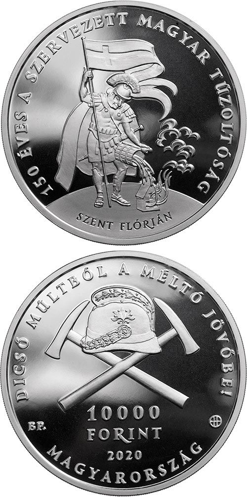Image of 10000 forint coin - 150 years of organised fire departments in Hungary | Hungary 2020.  The Silver coin is of Proof quality.