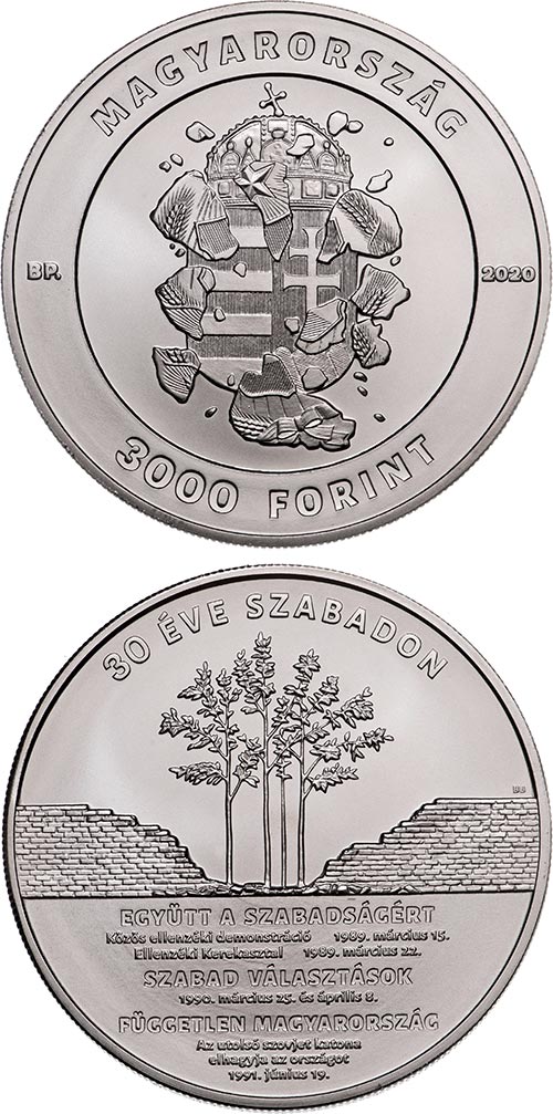 Image of 3000 forint coin - 30th anniversary of the political transition | Hungary 2020.  The Bimetal: CuNi, nordic gold coin is of BU quality.