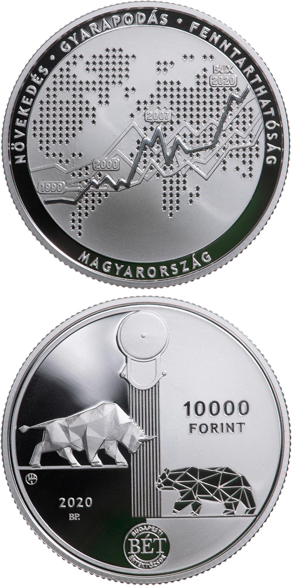 Image of 10000 forint coin - 30th anniversary of the re-establishment of the Budapest Stock Exchange | Hungary 2020.  The Silver coin is of Proof quality.