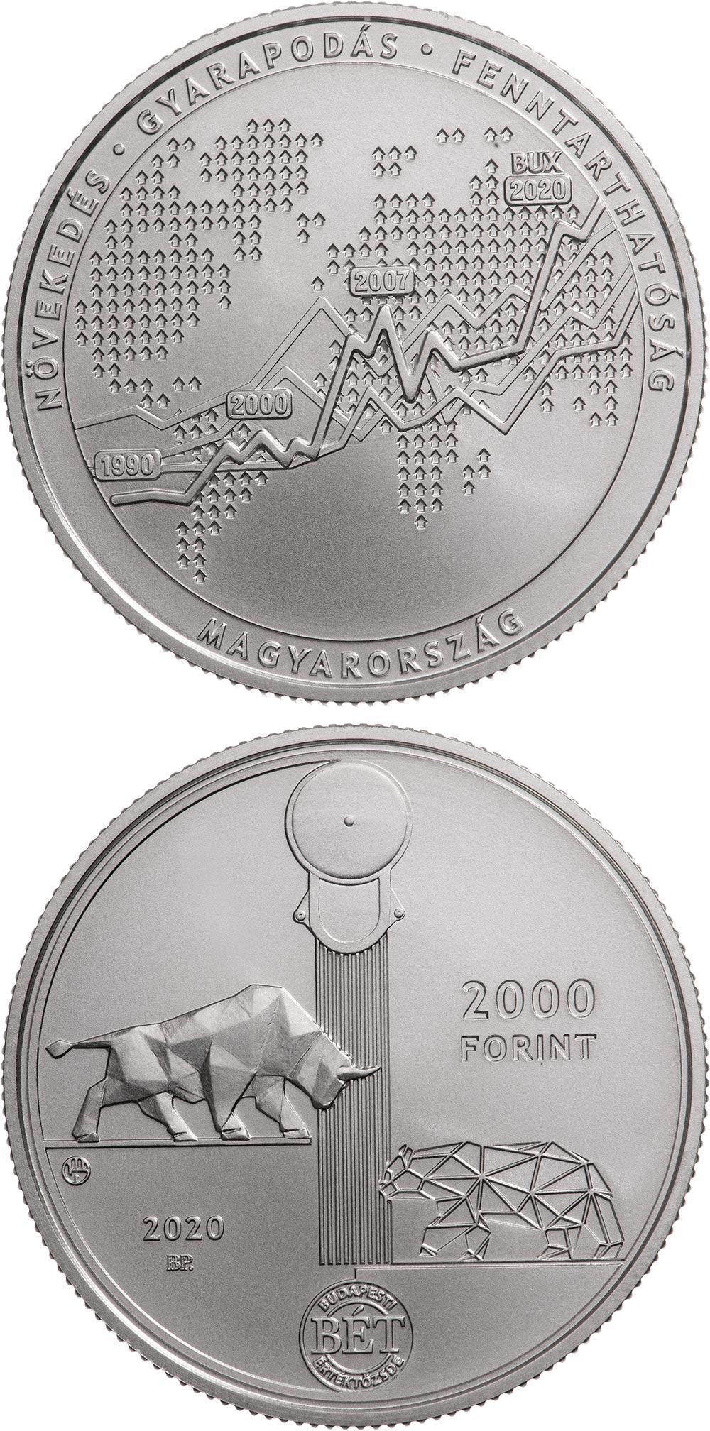 Image of 2000 forint coin - 30th anniversary of the re-establishment of the Budapest Stock Exchange | Hungary 2020.  The Copper–Nickel (CuNi) coin is of BU quality.