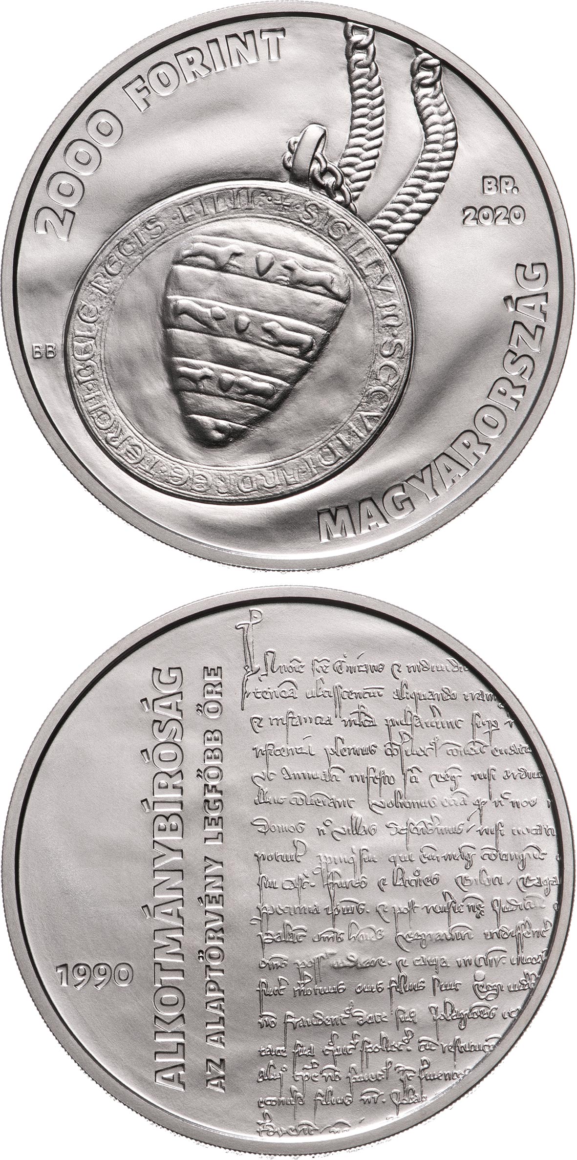 Image of 2000 forint coin - 30 years of the Constitutional Court of Hungary | Hungary 2020.  The Copper–Nickel (CuNi) coin is of BU quality.