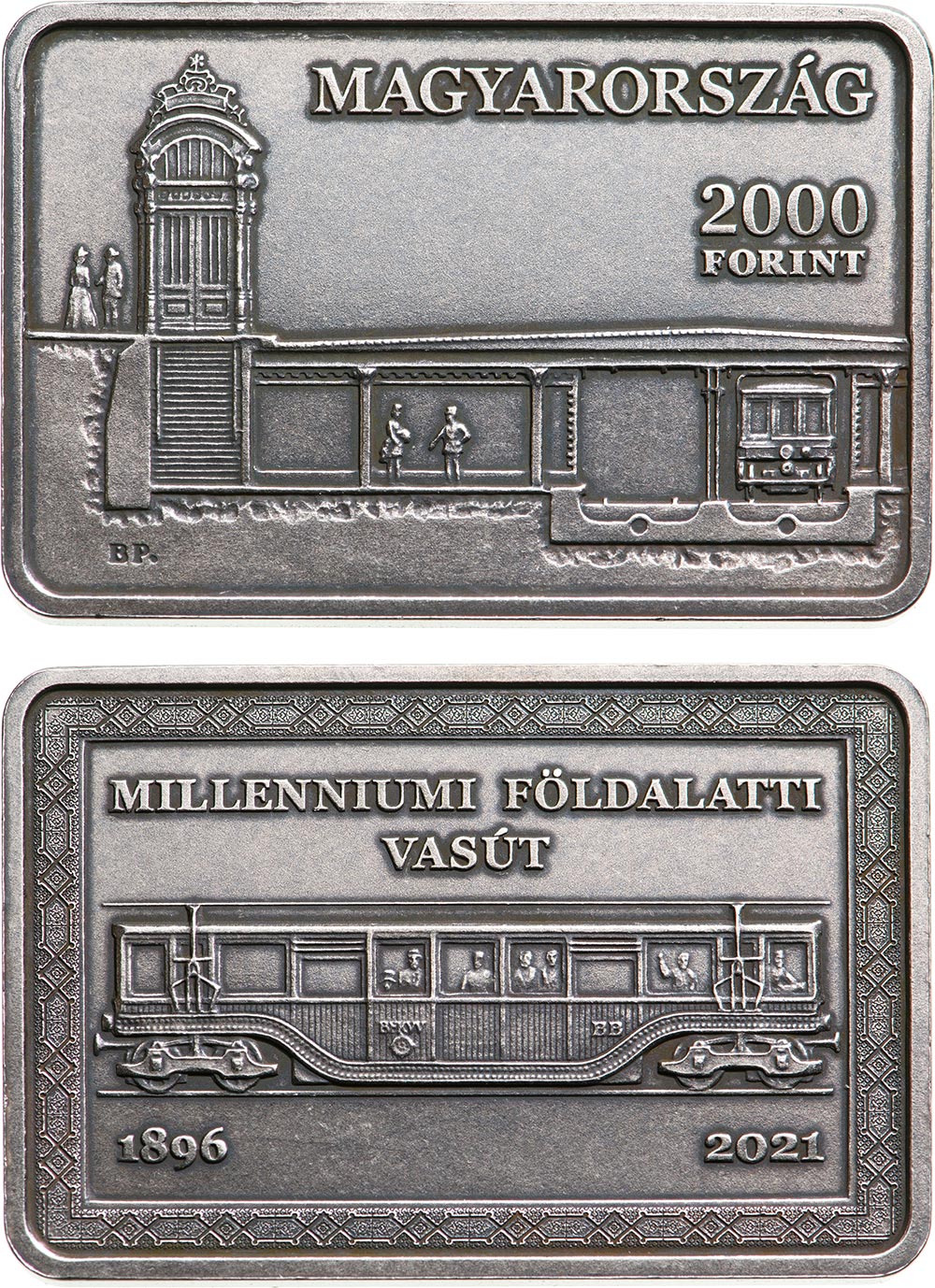 Image of 2000 forint coin - Millennium Underground Railway | Hungary 2021.  The Copper–Nickel (CuNi) coin is of BU quality.