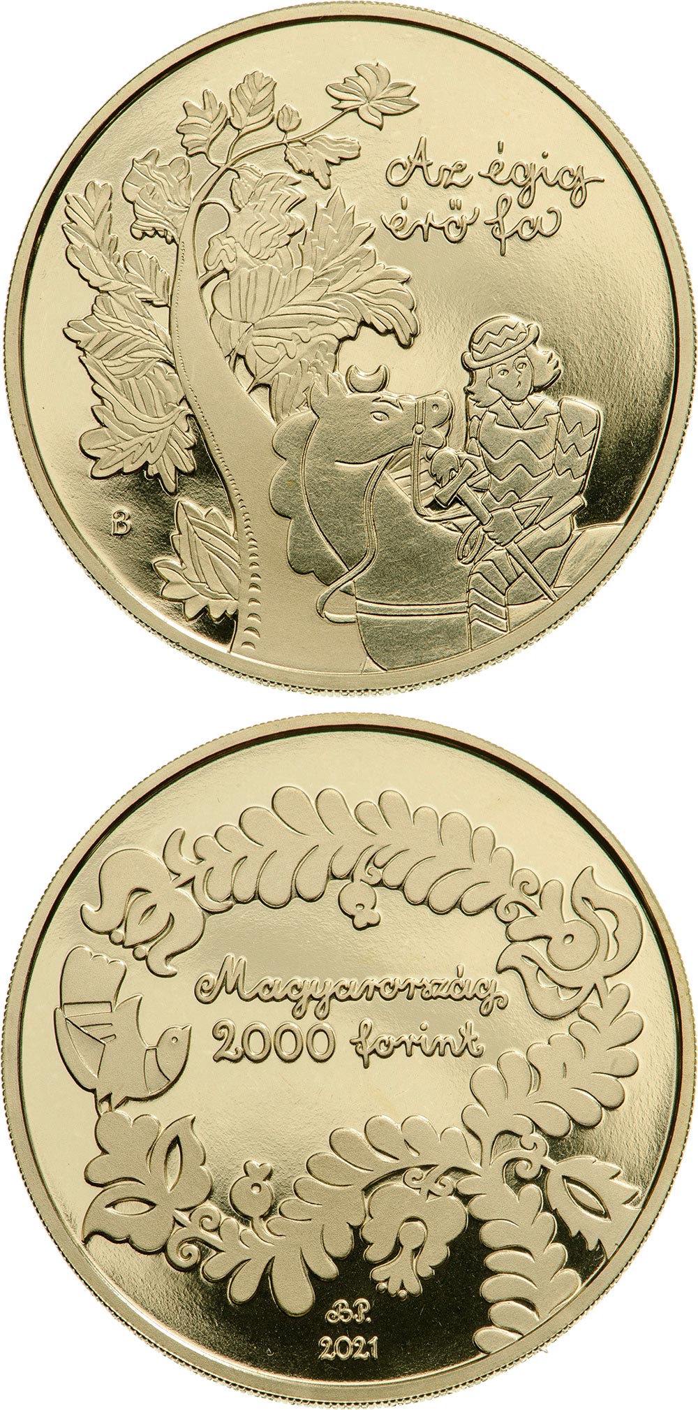 Image of 2000 forint coin - Az égig érő fa’ (The sky-high tree) | Hungary 2021.  The German silver (CuNiZn) coin is of proof-like quality.
