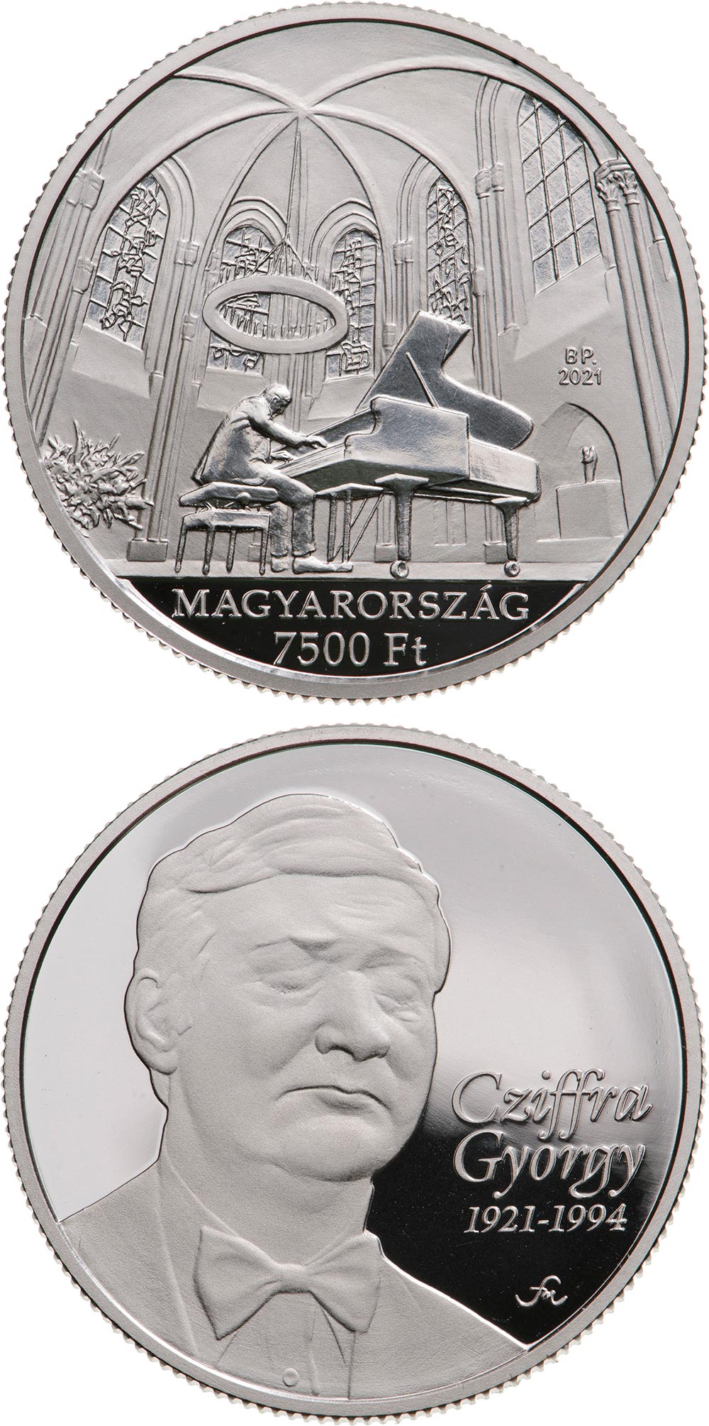 Image of 7500 forint coin - 100th anniversary of the birth of György Cziffra | Hungary 2021.  The Silver coin is of Proof quality.