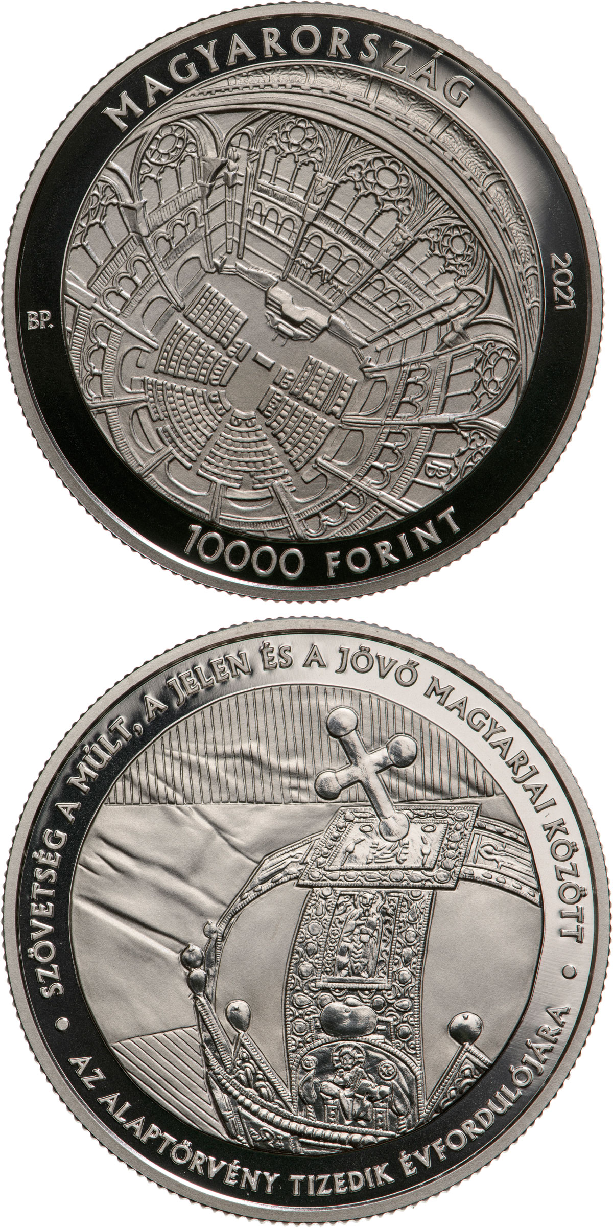 Image of 10000 forint coin - 10th anniversary of the Fundamental Law entering into force | Hungary 2021.  The Silver coin is of Proof quality.