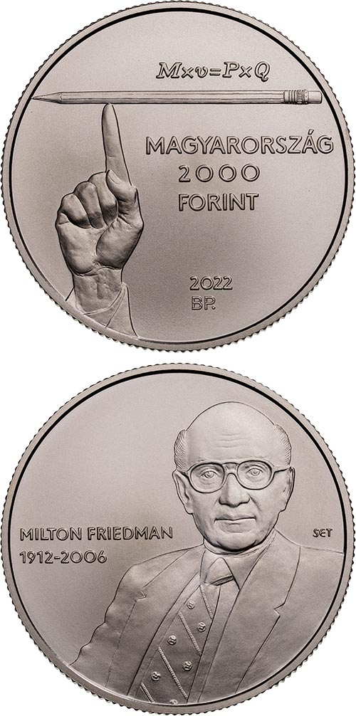 Image of 2000 forint coin - Milton Friedman | Hungary 2022.  The Copper–Nickel (CuNi) coin is of BU quality.