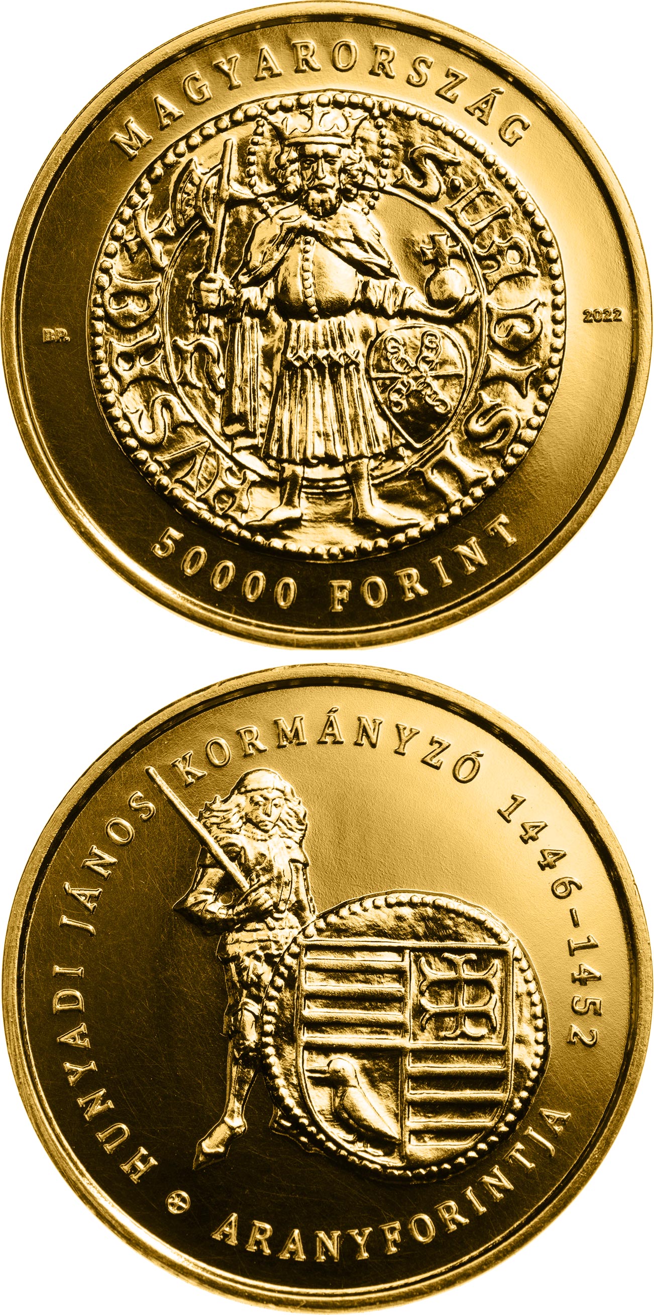 Image of 50000 forint coin - The Gold Florin of János Hunyadi | Hungary 2022.  The Gold coin is of UNC quality.