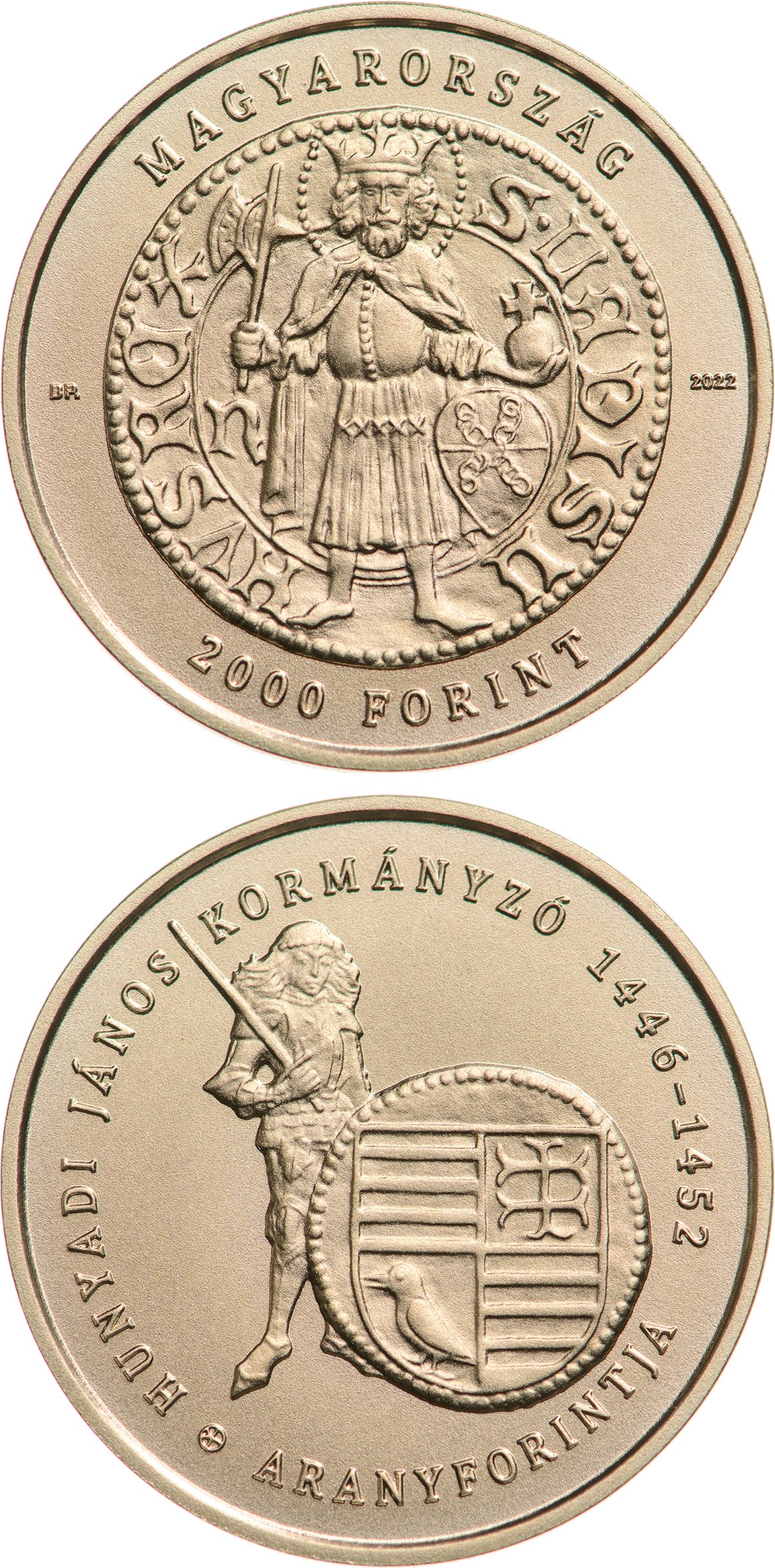 Image of 2000 forint coin - The Gold Florin of János Hunyadi | Hungary 2022.  The Nordic gold (CuZnAl) coin is of BU quality.